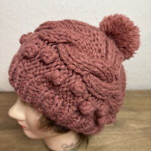 Free People Slouchy Cable Knit Beanie Chunky Rust One Size Pom Womens Acrylic